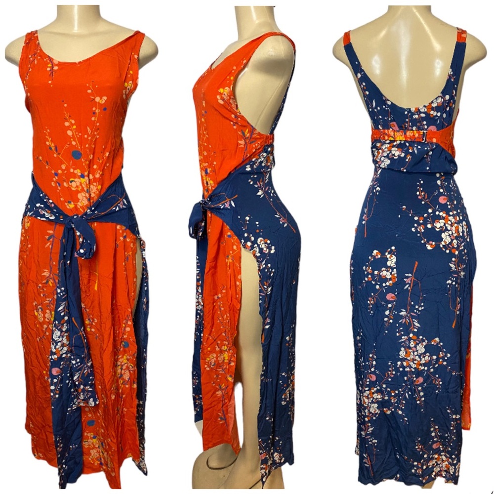 JALINE Silk Floral Sides Split Maxi Dress Cover Up